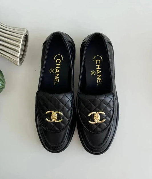 Black Leather Loafers with Gold-Tone Detail - Faizah Outlet