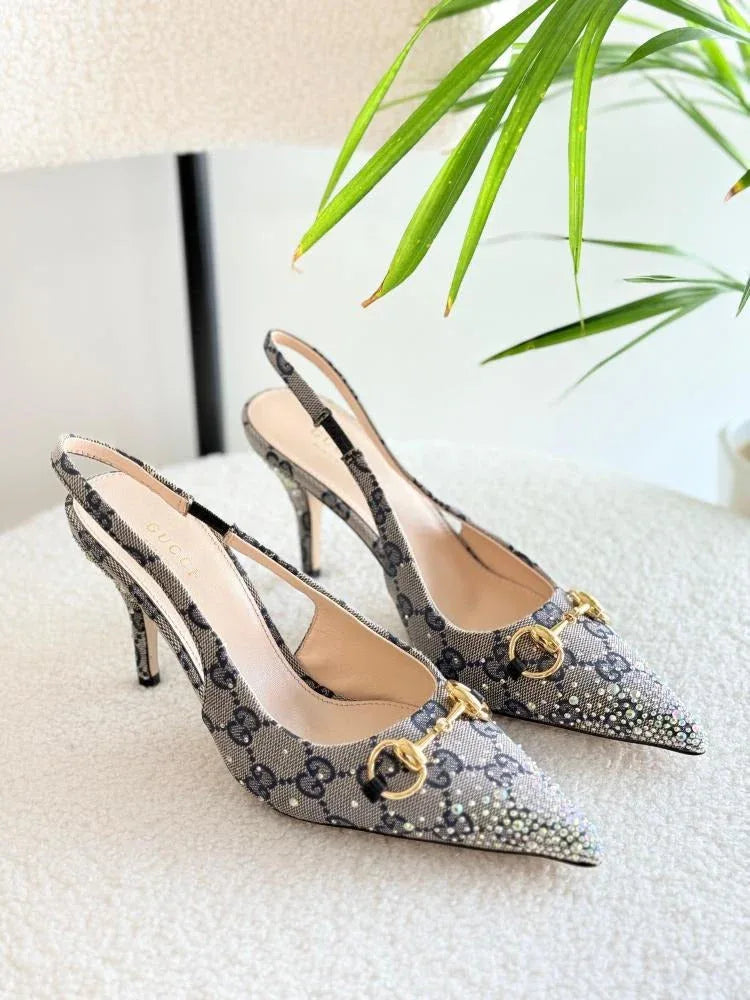 Horsebit Canvas Backstrap Heels - Faizah Outlet