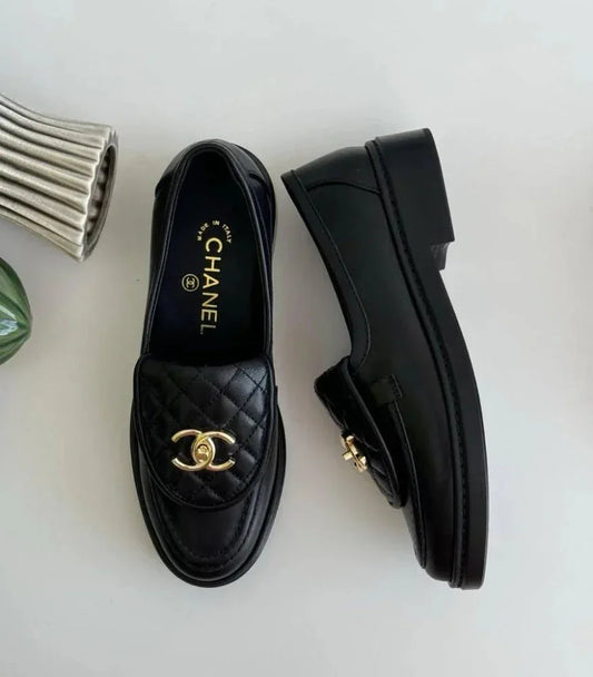 Black Leather Loafers with Gold-Tone Detail - Faizah Outlet