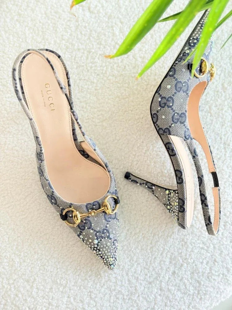 Horsebit Canvas Backstrap Heels - Faizah Outlet